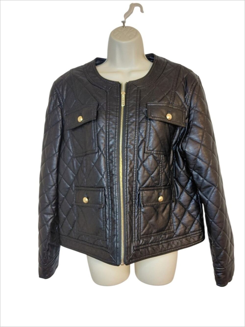 Tommy Hilfiger Women's Collarless Quilted Faux Leather Jacket